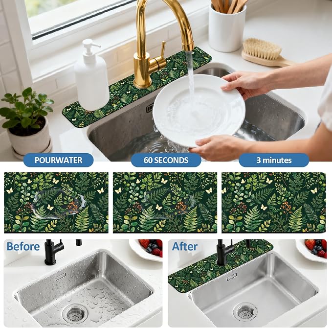 2Pcs Green Vintage Plants Kitchen Sink Splash Guard Faucet Mat Flowers - Image 5