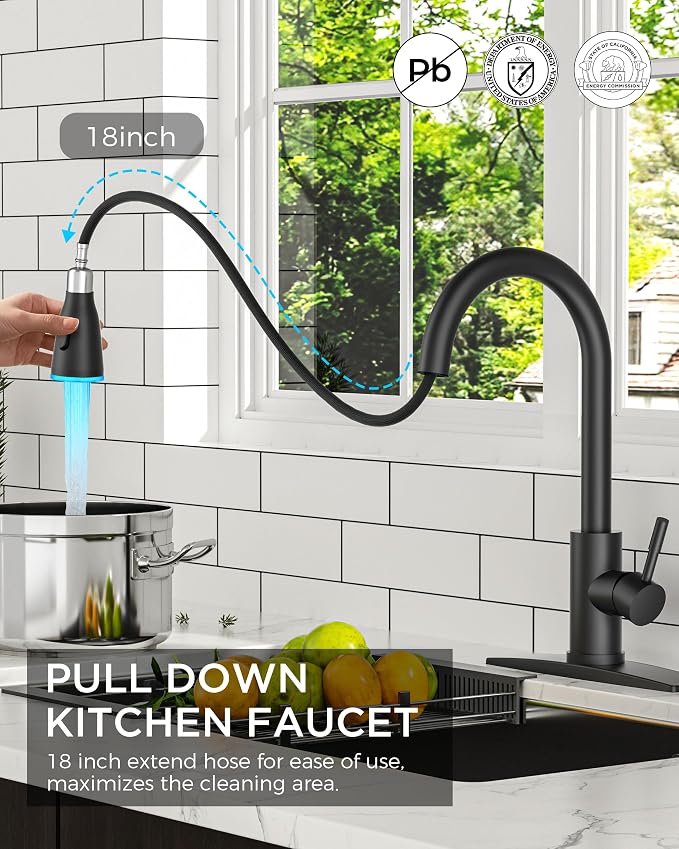 FORIOUS Kitchen Faucet with LED Light Sprayer, Single Hole, High Arc Single - Image 4
