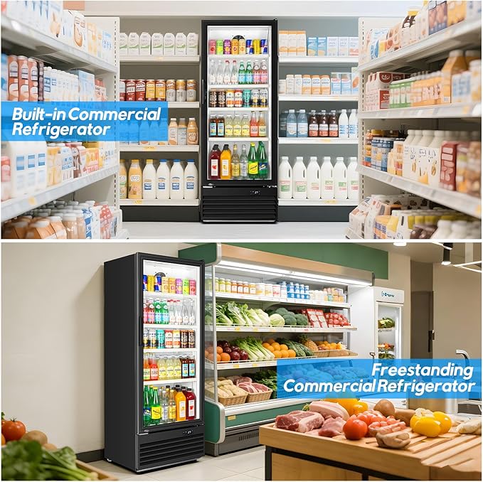 Commercial Beverage Refrigerator, 24.5" Glass Door Display Fridge, 15 Cu.Ft Freestanding Beverage Cooler with 4 Adjustable Shelves, Auto Rebound Door, Low Noise, for Shops, Restaurants & Bars, Black