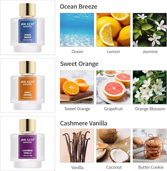 Reed Diffuser Set of 3, Ocean Breeze Sweet Orange Cashmere Vanilla Oil Reed - Image 2