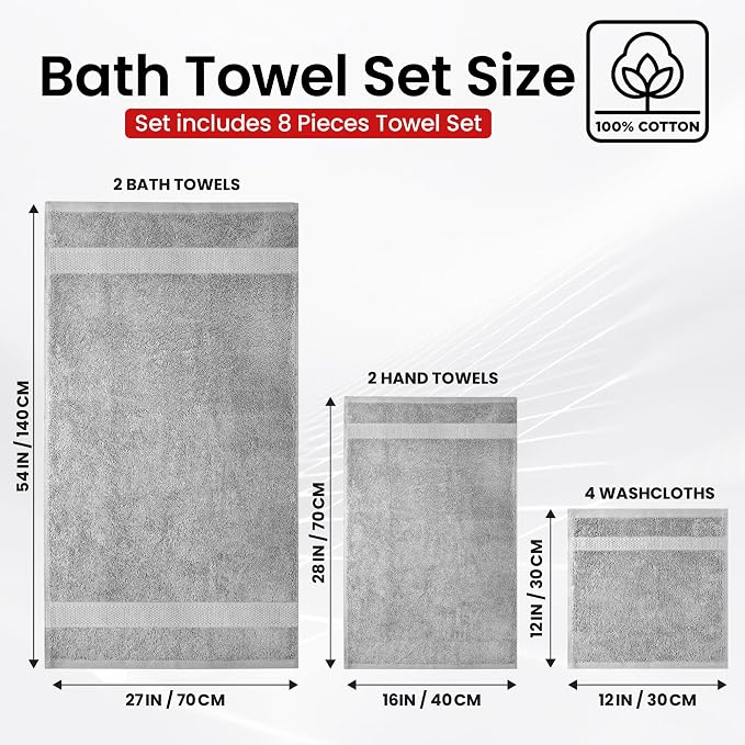 Infinitee Xclusives 100% Cotton Bath Towel Set – 8 Piece Bathroom Towel Set | – - Image 3