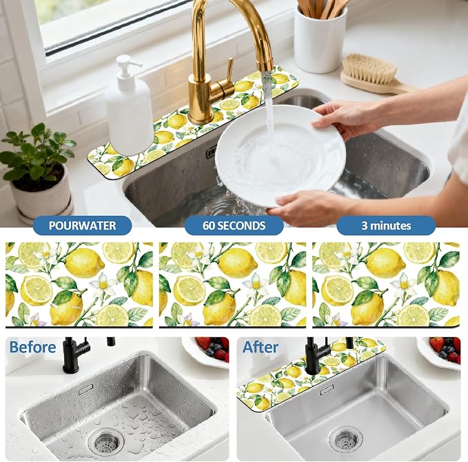 2 Pcs Kitchen Sink Splash Guard Faucet Mat Lemon Pattern Faucet Mat - Image 5