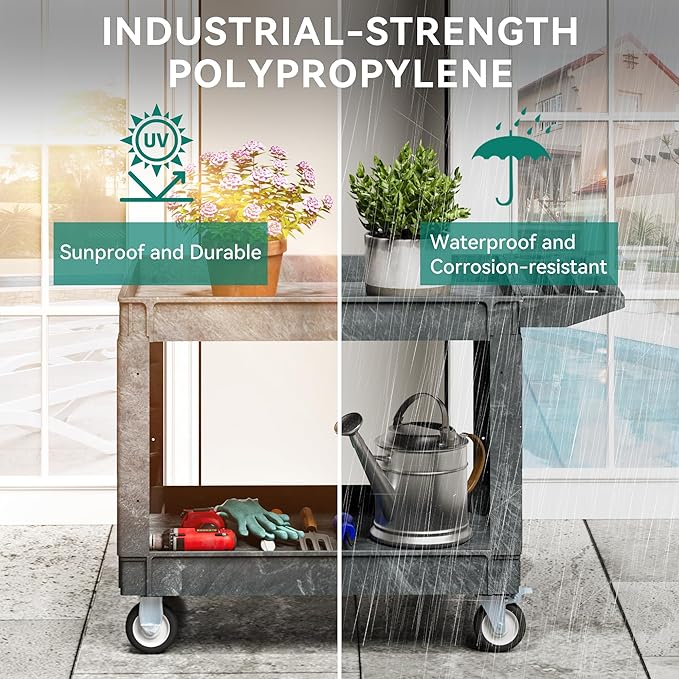 YITAHOME Utility Cart on Wheels, 550 lbs 2 Shelf Heavy Duty Rolling Carts, 45 x 25 in Plastic Service Cart Work Carts with Wheels for Warehouse Garage School & Office, Cleaning, Gray