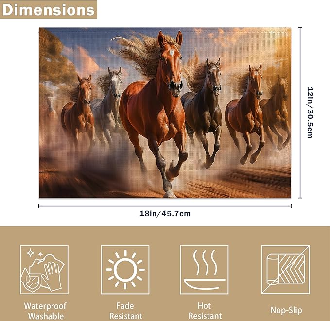 12x18 Inch Running Herd Horse Placemats Set of 6 - Waterproof, Non-Slip & Washable Summer Fall Placemats for Kitchen & Dining Table Placemats