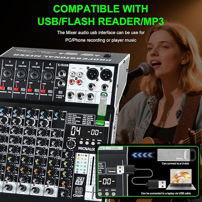 Audio Mixer 6 Channel Professional Sound Mixer Console with 99 DSP Effects, Mixing Board DJ Mixer w/USB, Bluetooth, 48V Power Supply, PAD Button for Recording Karaoke PA Drum Live Music