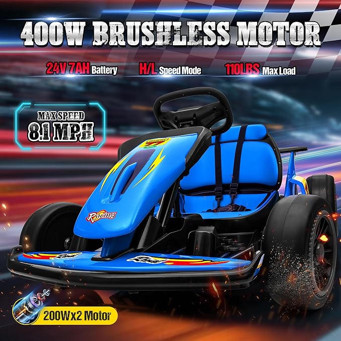 24V Electric Go Kart for Kids, Drift Kart with 400W Motors, EVA Tires, Max Speed 8.1 MPH, Music, Wireless, Electric Drifting Cart Outdoor Ride on Toy for Kids Ages 6+ (Blue)