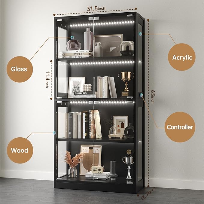 Display Cabinet with Glass Doors 4-Tier, 7 Vibrant Colors 3 Dynamic Lighting Modes, HD Glass Storage Cabinet with Human Body Sensor for Curio, Trophy, Collectibles (Black)
