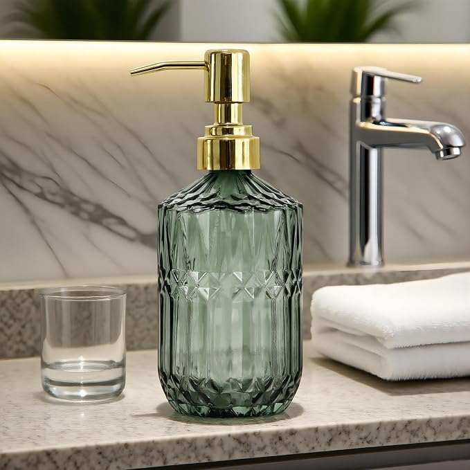 18oz Green Glass Soap Dispenser, Refillable Kitchen, Bathroom Thick Glass Soap - Image 4