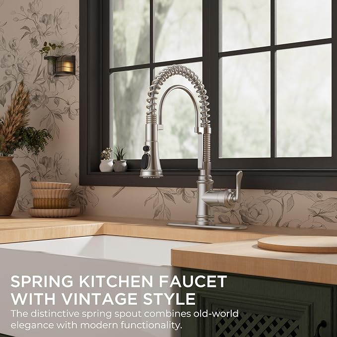 FORIOUS Kitchen Faucet with Pull Down Sprayer, Atique Style, Brushed Nickel | - Image 2