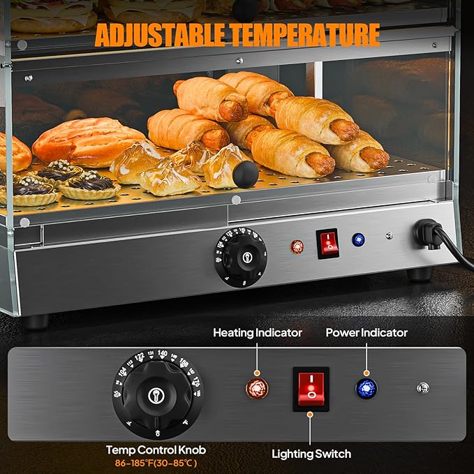 Bonnlo Commercial Food Warmer Display Pizza Warmer, 2-Tier Electric Countertop Food Warmer with LED Acrylic Door Removable Shelves Temp Control, Food Display Warmer for Buffet Restaurant, 120V 300W