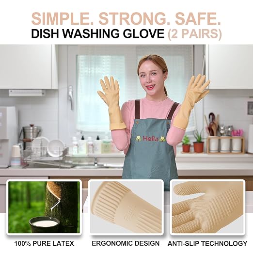 Mamison Rubber Dishwashing Gloves, Non-Slip Kitchen, Ivory Medium, 2 Pairs | - Image 2