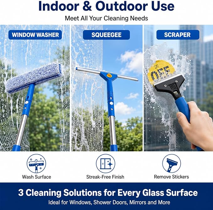 Window Cleaning Kit with Extendable Long Handle, Professional Window Squeegee & - Image 3