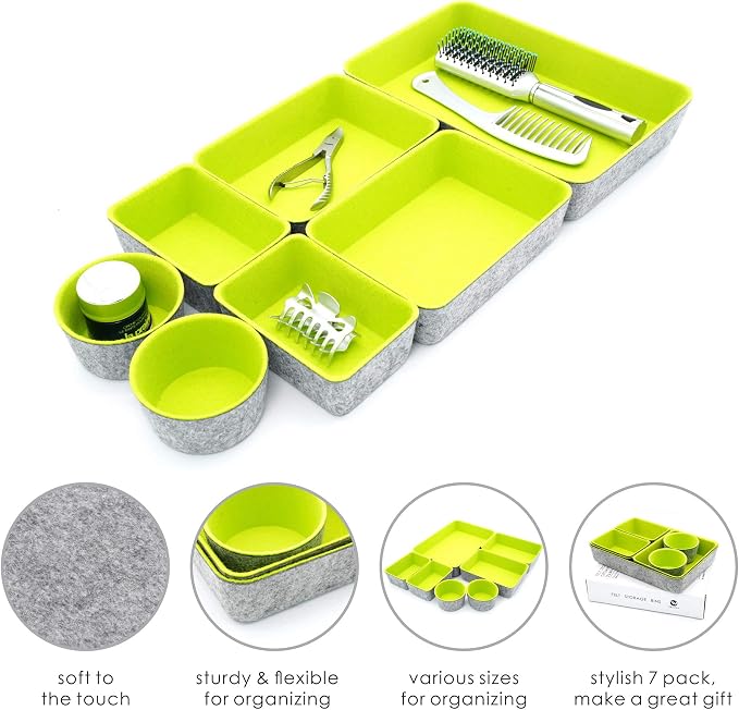 Welaxy Felt Drawer Organizer Bin 7 pc Green Desk Nightstand Catchall Tray - Image 4