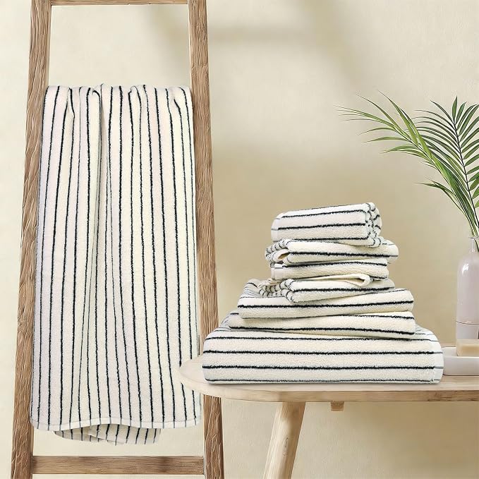 8 Piece Black and Ivory Towel Set, Super Soft & Absorbent Cotton Striped | - Image 8