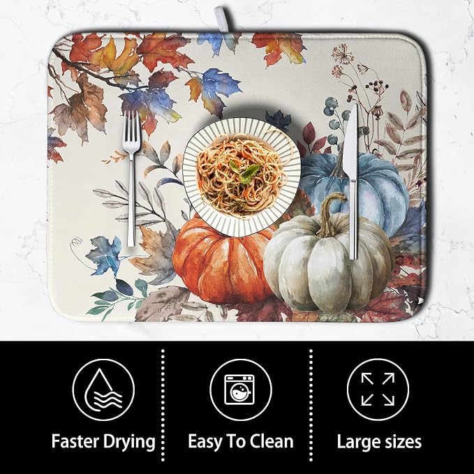 Fall Blue Orange Pumpkin Dish Drying Mat - Image 4