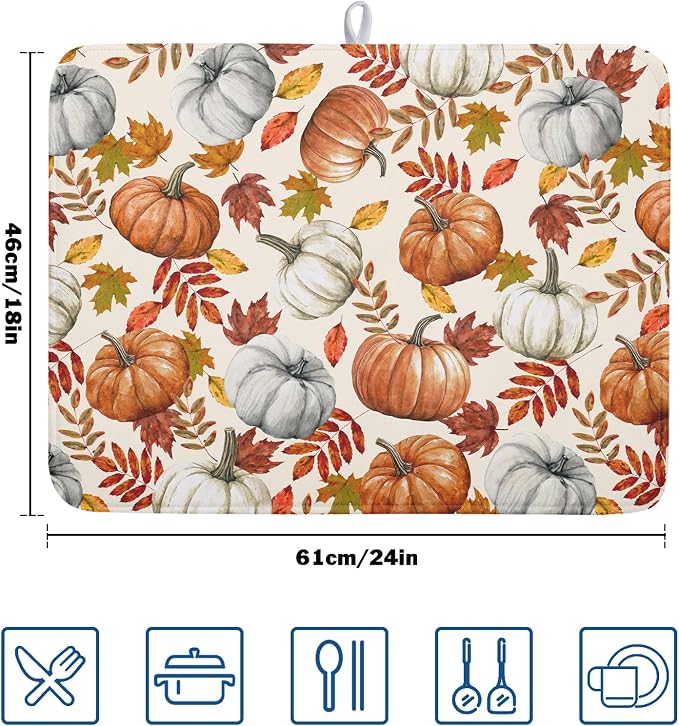 Fall Dish Drying Mat for Kitchen Counter 18x24 Inch Fall Pumpkin Kitchen Mat - Image 2