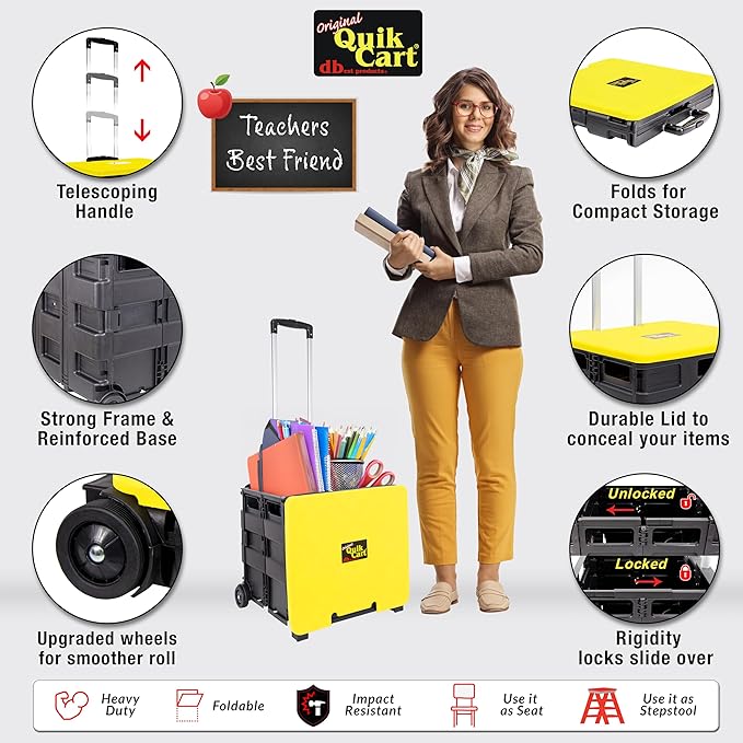 dbest products Quik Cart Collapsible Rolling Crate on Wheels for Teachers Tote Basket 80 lbs Capacity, Made from Heavy Duty Plastic and Used as a Seat, Canary, Yellow