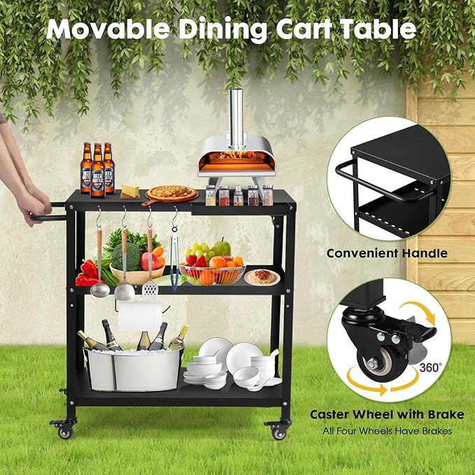 Outdoor Grill Cart Table,Indoor and Outdoor Pizza Oven Table,with 4 Movable Total Lock Casters, Hooks, Side Handle Multifunctional (Black) (Black)
