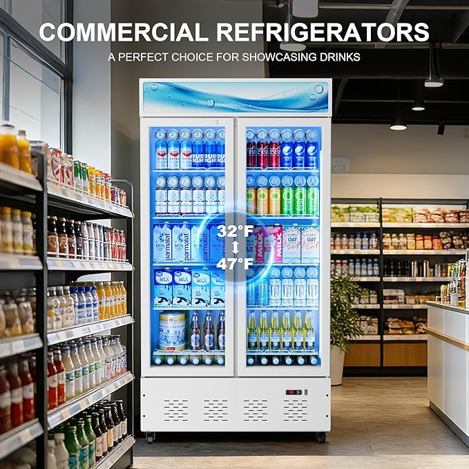 42”W Commercial Glass Door Display Refrigerator 30 Cu.ft White Cooler Beverage Fridge with LED Light and 10 Shelves for Cafe Restaurant Store Bar