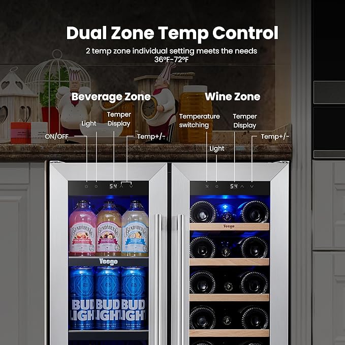 Yeego 24 Inch Wine and Beverage Refrigerator - 60 Cans & 20 Bottles Wine Fridge with Glass Door, 36-72°F Built-In or Freestanding Dual Zone Wine Cooler for Kitchen Bar Office Beer Soda Drink