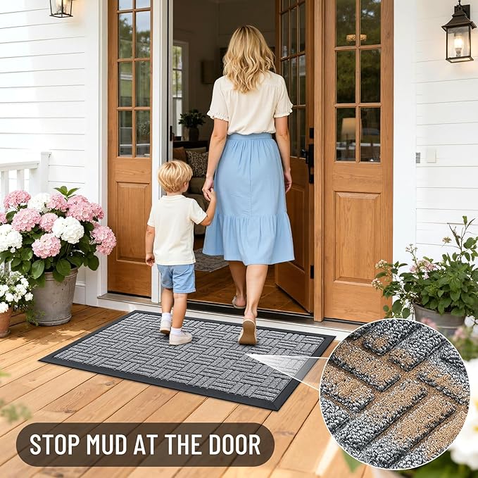 OLANLY Front Door Mat Outside Entrance 35x23, Absorbent, Heavy Duty Sturdy Natural Rubber Doormat Indoor Outdoor, Non-Slip, Stain and Fade Resistant, Low Profile Floor Mat for Entryway, Charcoal Gray
