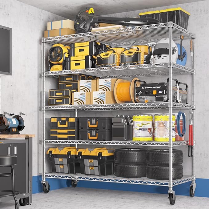 PrimeZone 5 Tier 48" Wx24''Dx81''H Wire Shelving with Wheels 3000lbs NSF Certified Storage Shelves Heavy Duty Metal Shelf Adjustable Rolling Rack Commercial Garage Restaurant Warehouse Kitchen Chrome