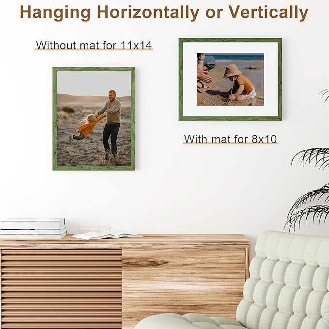 Vittanly 11x14 Picture Frame, Solid Wood Frame with Plexiglass, Includes 8x10 Mat, Wall Hanging for Photos, Home Decor, Rustic Green, 1 Pack