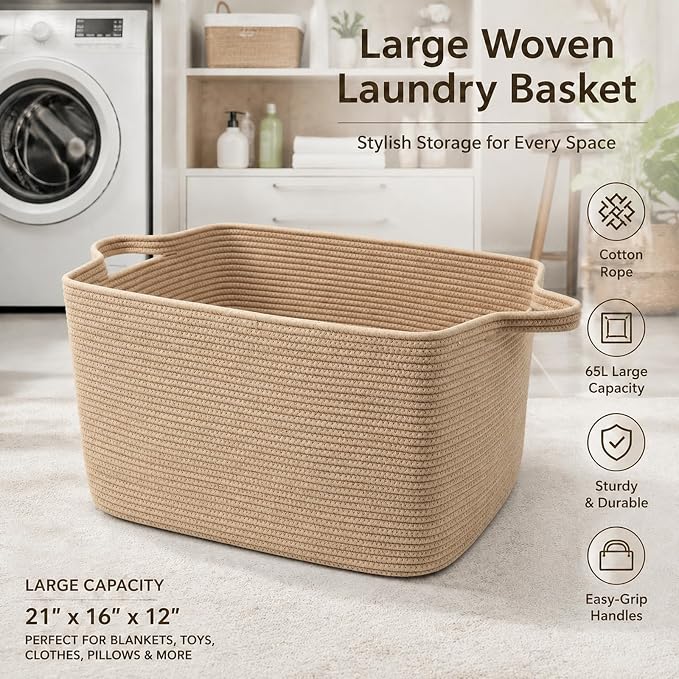 65L Large Laundry Basket with Handles, Woven Blanket Basket - Image 5