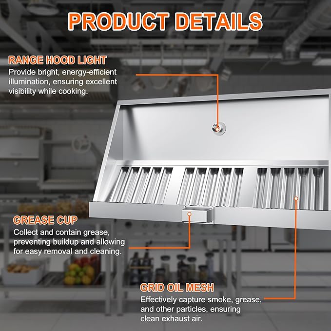 Commercial Exhaust Hood 5 FT Stainless Steel Concession Trailer Hood with 3 Removable Hood Filters(No Motor), Grease Cup and Hood Light, Rust Resistant Vent Hood for Commercial Kitchen, NSF Listed