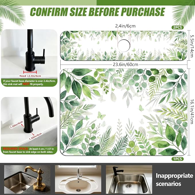 3 Pcs 2 Size Kitchen Sink Splash Guard Faucet Mat Watercolor Leaves Pattern - Image 2