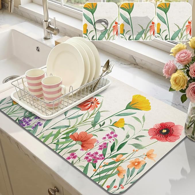 LOKHOM 12"x20" Dish Drying Mat，Colorful Floral Coffee Mat | Ultra Absorbent by LOKHOM