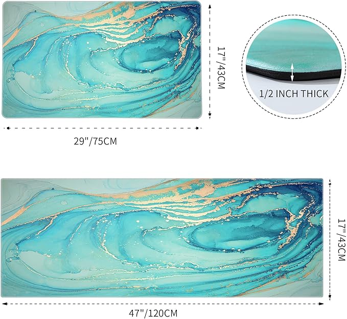 MAYHMYO Kitchen Rugs and Mats Set of 2 Teal Marble Gold Anti Fatigue Mat PVC Non Slip Turquoise Foam Cushioned Kitchen Mats for Floor Dining Room Home Office Sink Laundry