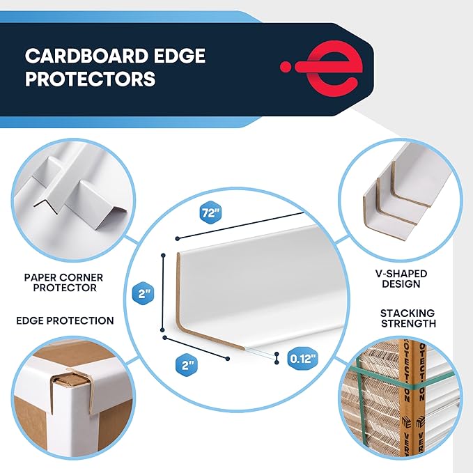 Cardboard Edge Protectors for Shipping - 2"W x 2"D x 72"L, Light Duty .120 ga, Pallet Corner Protectors, Angle Boards, White, 50/Pack