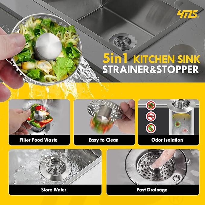 5-in-1 Stainless Steel Sink Aid, Kitchen Sink Drain Strainer Food Catcher, Popup Kitchen Sink Stopper & Odor Filter, Kitchen Sink Strainer Accessories with Drain Basket (Classic Brushed)