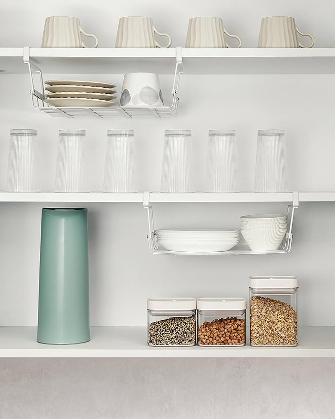 Under Shelf Basket, 2 Pack Under Cabinet Shelf Basket Organizer, Hanging Wire Storage Baskets, Slide-in, Add-on Space Saving for Kitchen Pantry Laundry Room Desk Bookshelf, White