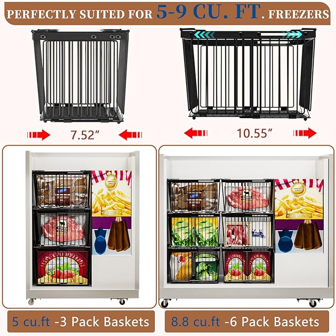 Large Freezer Organizer Bins，Upgraded Bottom Leak-Proof net，Fit 5 to 9 Cu Ft Chest Freezer，4 Pack， Expandable Stackable Chest Freezer Containers with Handle (Black--4Pack)