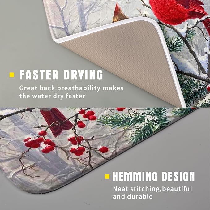 Red Bird Dish Drying Mat Merry Christmas Dishes Pad Absorbent Fast Dry Dish - Image 3