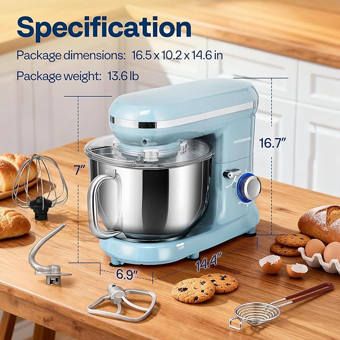 VIVOHOME Stand Mixer, 660W 10 Speed 6 Quart Tilt-Head Kitchen Electric Food Mixer with Beater, Dough Hook, Wire Whip and Egg Separator, Blue