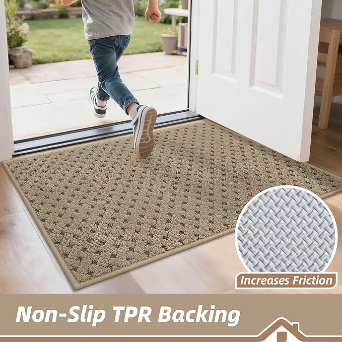 BEQHAUSE Dirt Trapper Door Mat Non-Slip Entryway Rugs Stain Resistant Absorbent Dog Doormats Woven-Look Washable Welcome Floor Doormat for Front Back Door, Muddy Wet Shoes & Paws, 20" x 32", Beige