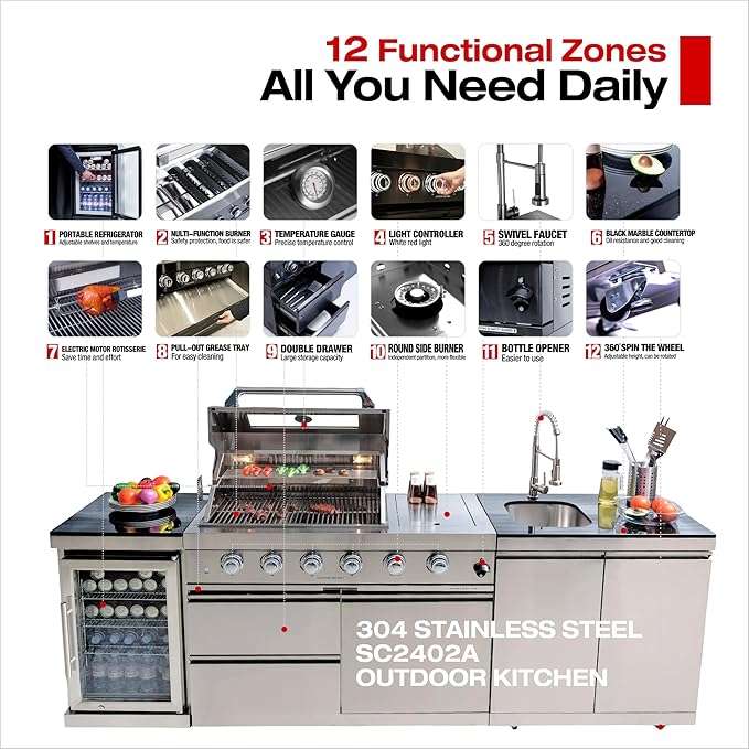 104 Inches 4-Burner 85,000 BTU Deluxe Stainless Steel Propane Gas Grill Outdoor Kitchen Island,Sink,Storage Cabinet and Beverage Refrigerator Storage&Drawers for Patio Backyard Cooking,Silver