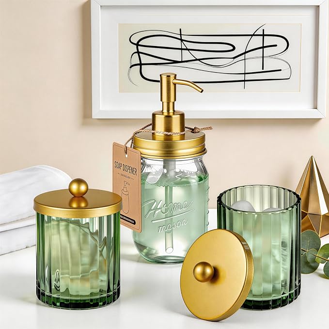Amolliar Green Glass Qtip Holder Dispenser, Bathroom Canister - Image 8