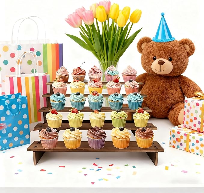 5 Tier Cup Cake Stand - Rustic Wooden Cupcake Stand, Tiered Wood Riser Display Stands, Multi-Functional Uses - as Dessert Stands, Vendor Display Shelves, Spice Rack, Easy to Install