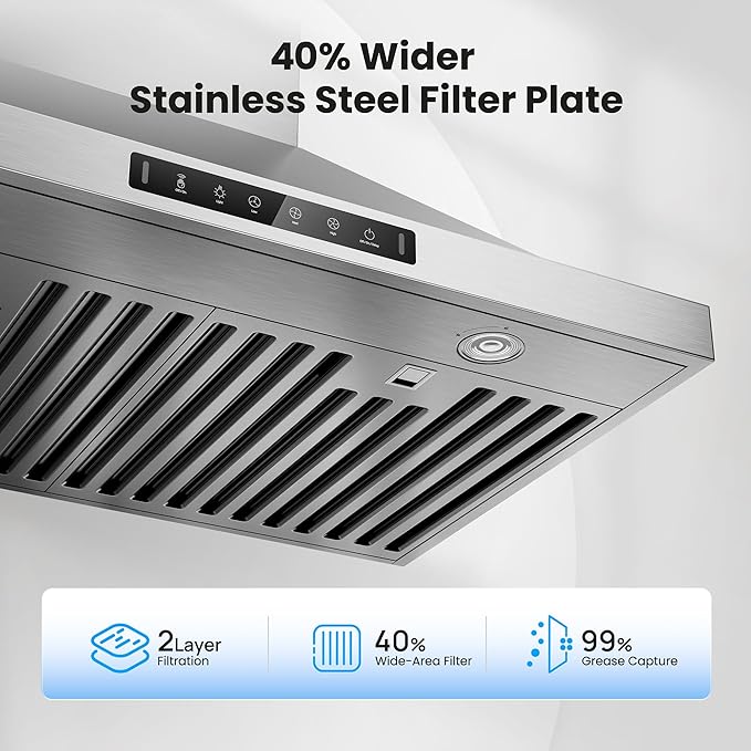 36 inch Pro Wall Mount Range Hood 980CFM, Direct 3 Speed Panel with Gesture & Touch Control, Ducted/Ductless Stainless Steel Kitchen Vent Hood, Delay Shut-Off, Includes Duct & Filter