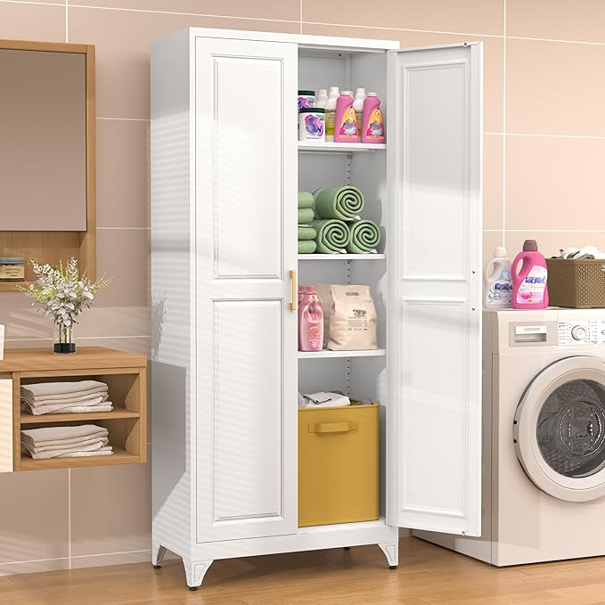 75”Tall Metal Pantry Storage Cabinet with Doors and 4 Shelves, White Kitchen Pantry Cabinet, Modern Freestanding Cupboard for Living, Dining Room, Office, Assembly Required