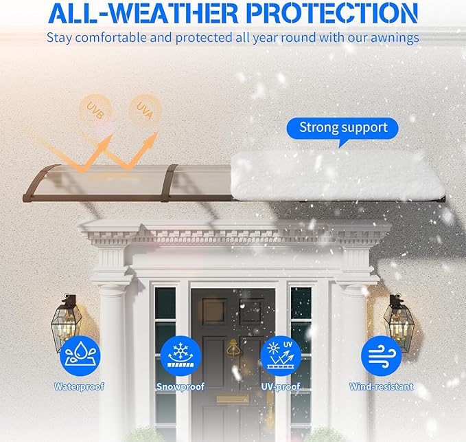 Awning for Door Entrance with Drainage Sink,32x60 Inch Awnings for Doors,Window Canopy Exterior with Plastic Steel Bracket,Polycarbonate Cover,UV,Rain,Snow Protection for House,Porch,Patio,Deck