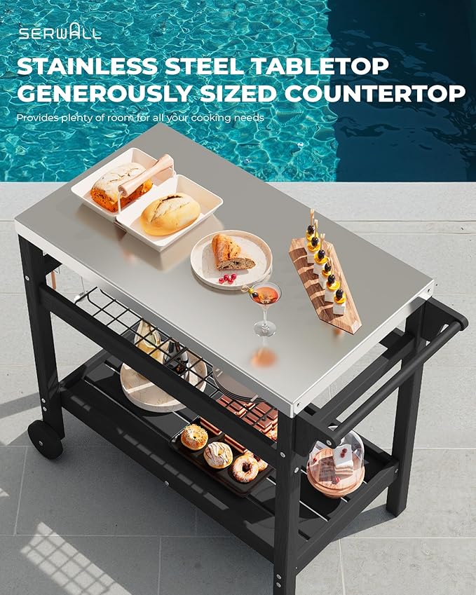 SERWALL Outdoor Grill Cart Table with Three Tier Storage Shelves, Movable Prep Cart, Weather-Resistant HDPE Material, Dining Cart Table for Outdoor Cooking, Four Hooks, Black