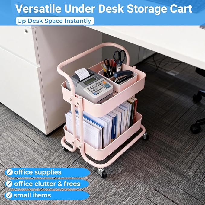 2 Tier Short Rolling Cart with Wheels All-Metal Pink Pantry Storage for Kitchen,Under Desk Trolley with Handle Small Wheeled Storage Cart for Laundry Room Bathroom, Under Table Small Space