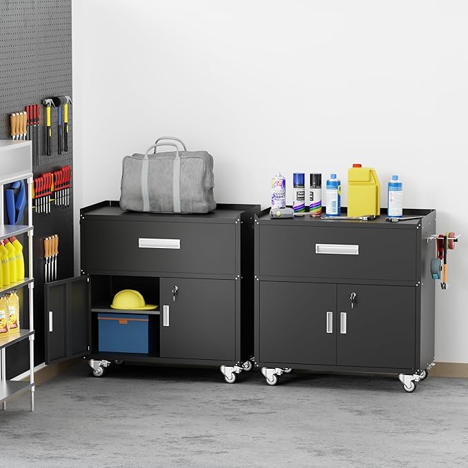 Black Metal Garage Storage Cabinet With Wheels, Lockable Tool Cabinet With Shelves, Rolling Metal Cabinet for Warehouse, Home