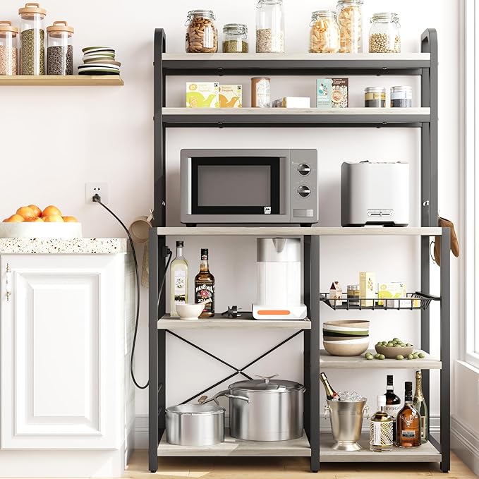 Garvee 5-Tier Bakers Rack with Wire Basket, Microwave Stand with Built-in Power Outlets, Coffee Bar Station, and Open Kitchen Shelving for Spices, Dishes and Pots, Gray
