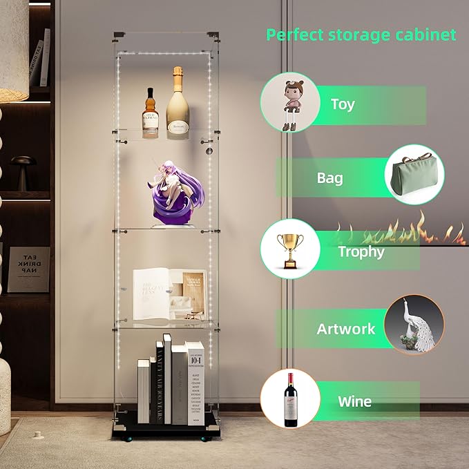 Yoluckea 4 Tiers Glass Display Cabinet with Bluetooth LED Light Strip, 1 Door Floor Standing Curio Cabinet with Universal Wheel for Home Office Display, Black Glass Bookshelf for Collections,Clear Top